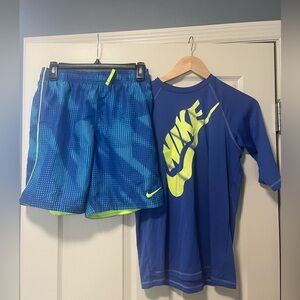 Nike kids xl swim trunks and swim shirt blue